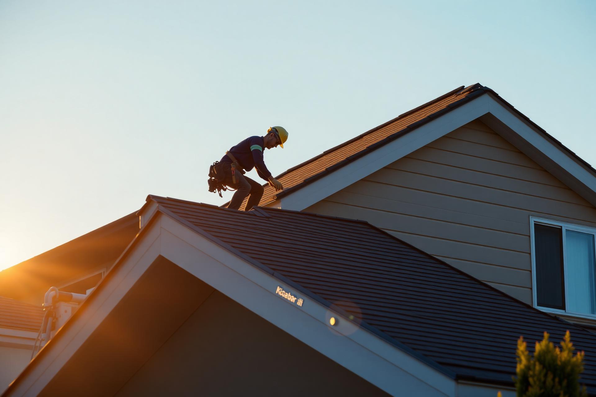Roofer working on a residential roof at sunset